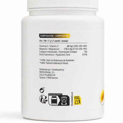 Etiqueta de COLAGEN PRO con la composición por dosis de 11 g: vitamina C, magnesio, colágeno hidrolizado y ácido hialurónico