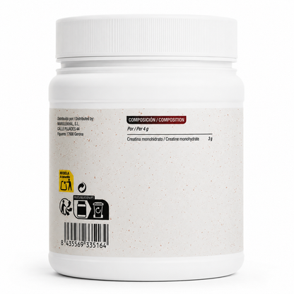 Etiqueta de PURE CREATINA 100% Monohydrate con la composición por dosis de 4 g: 3 g de creatina monohidrato