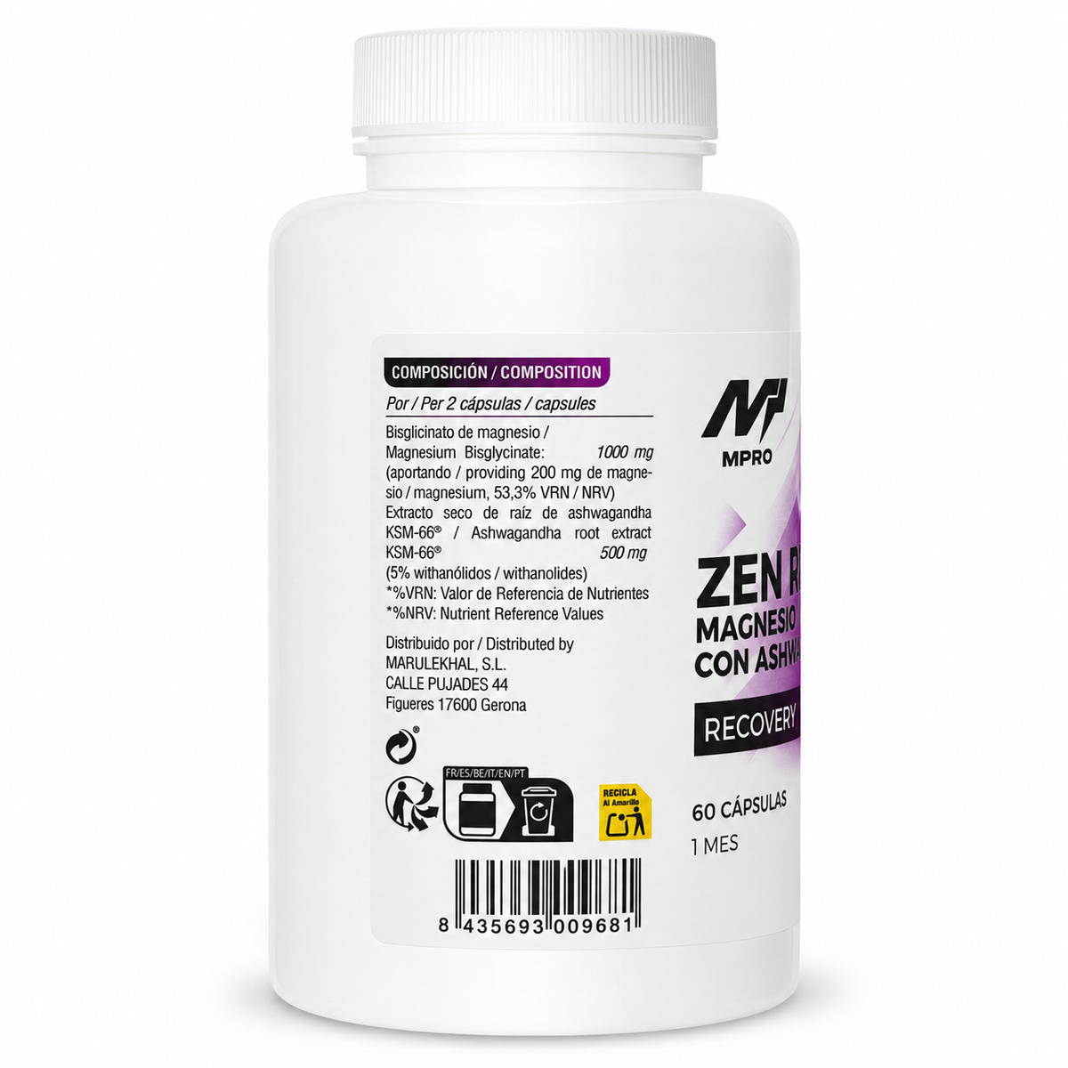 Etiqueta de ZEN RECOVER con la composición por 2 cápsulas: bisglicinato de magnesio y extracto de ashwagandha KSM-66