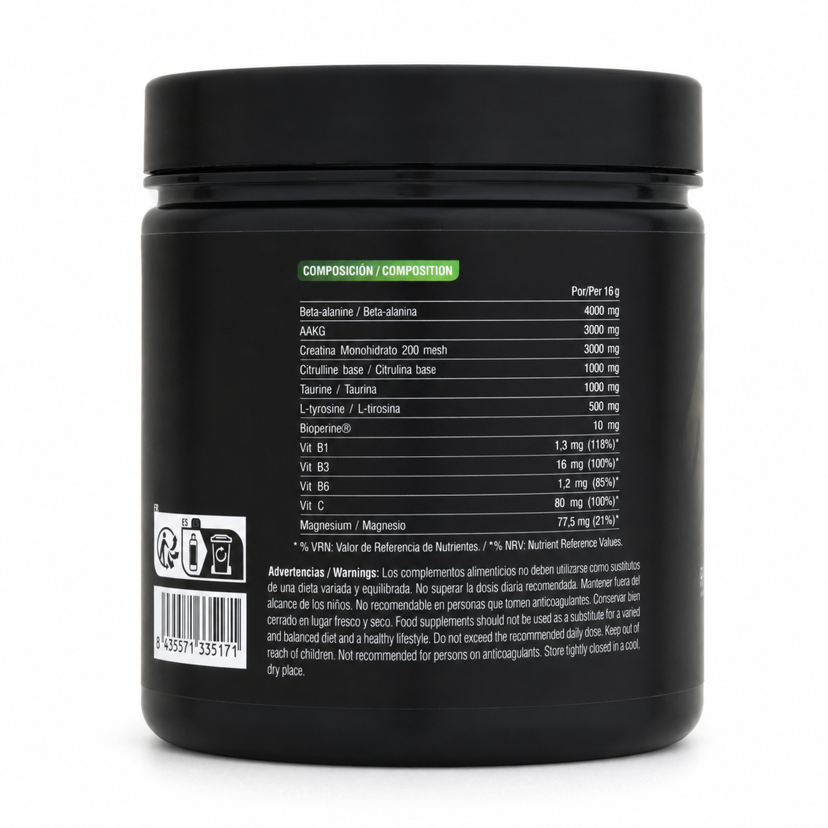 Etiqueta de ALL IN con la composición por dosis de 16 g: beta-alanina, AAKG, creatina monohidrato, citrulina, taurina, L-tirosina, Bioperine y vitaminas