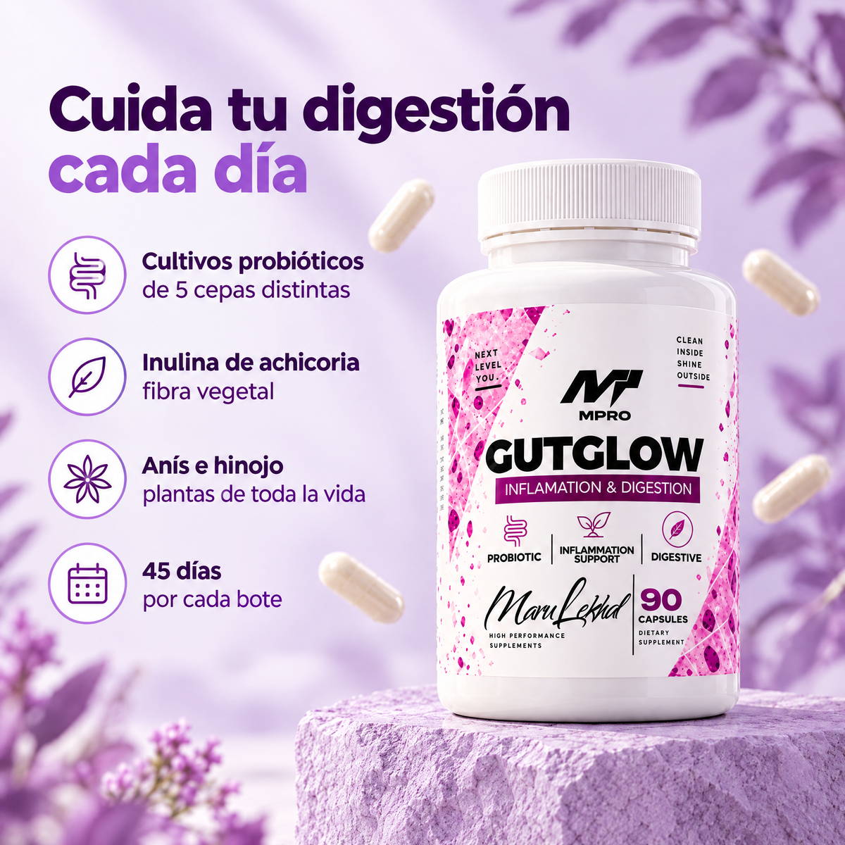 GUTGLOW: cultivos probióticos de 5 cepas, inulina de achicoria, anís e hinojo, 45 días por bote