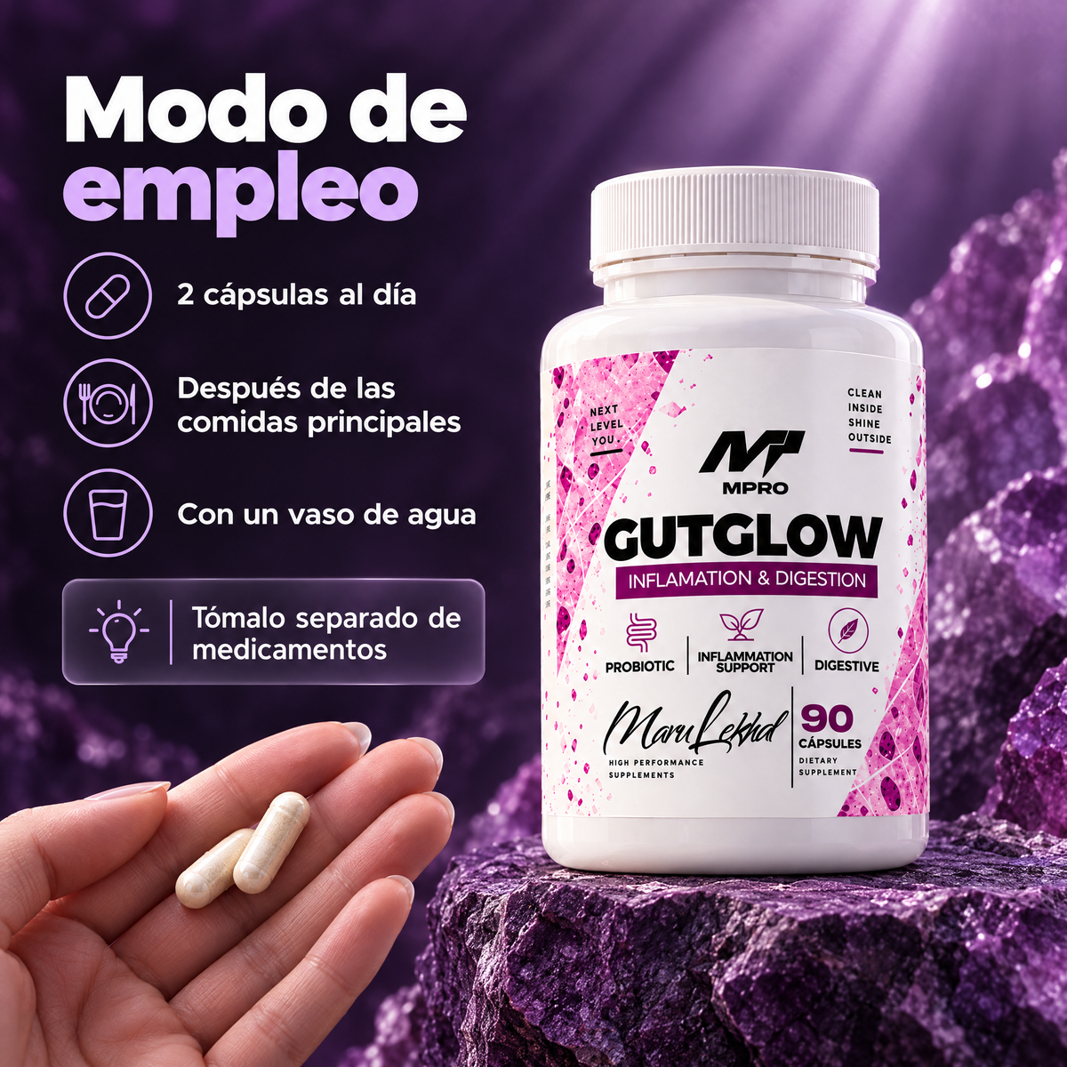 Modo de empleo de GUTGLOW: 2 cápsulas al día después de las comidas principales, con un vaso de agua