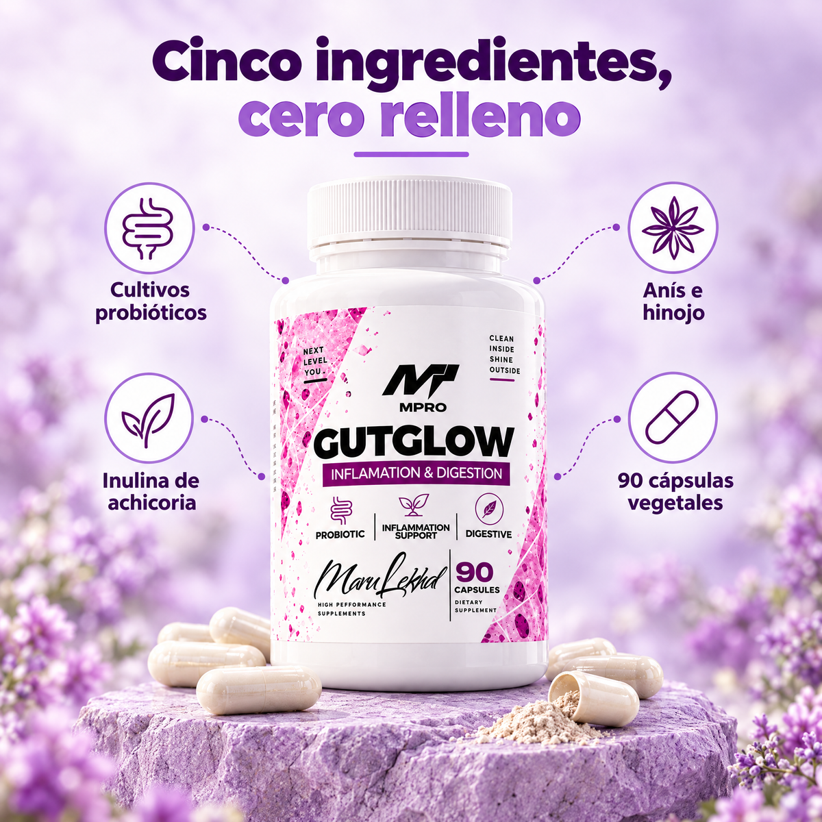 GUTGLOW: cinco ingredientes, cero relleno, 90 cápsulas vegetales