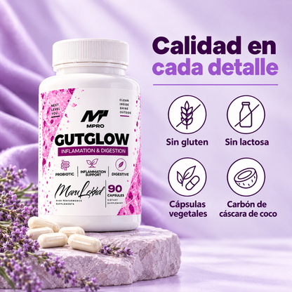 GUTGLOW sin gluten, sin lactosa, en cápsulas vegetales y con carbón de cáscara de coco